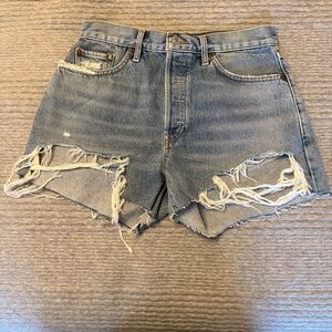 Re/Done Light Blue Distressed Jean Shorts